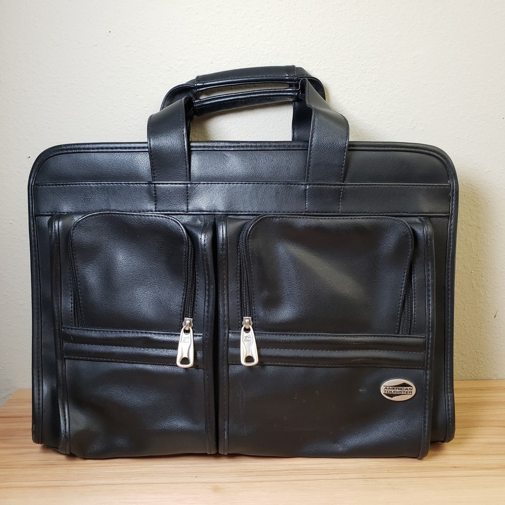 American Tourister Leather Briefcase Black‎ Office Commuter Bag Travel Buisness